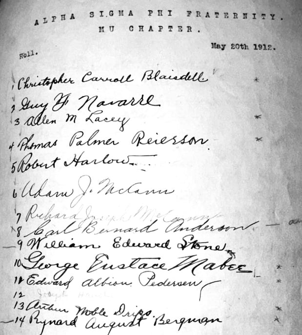 The original handwritten Mu Chapter roll dated May 20, 1912